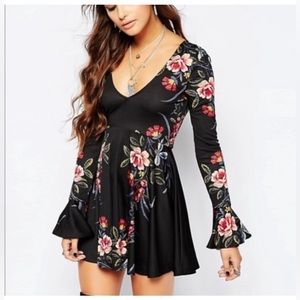 Free People Floral Bell Sleeves Date Night Black Flared Dress Size M